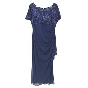 Alex Evenings Navy Blue Sequin Lace Chiffon Gown Petite 16P Short Sleeve Dress